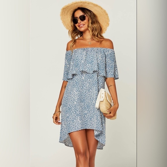 NWT Women's Leopard Print Bardot Frill Off Shoulder Mini Dress In Blue - Picture 2 of 5